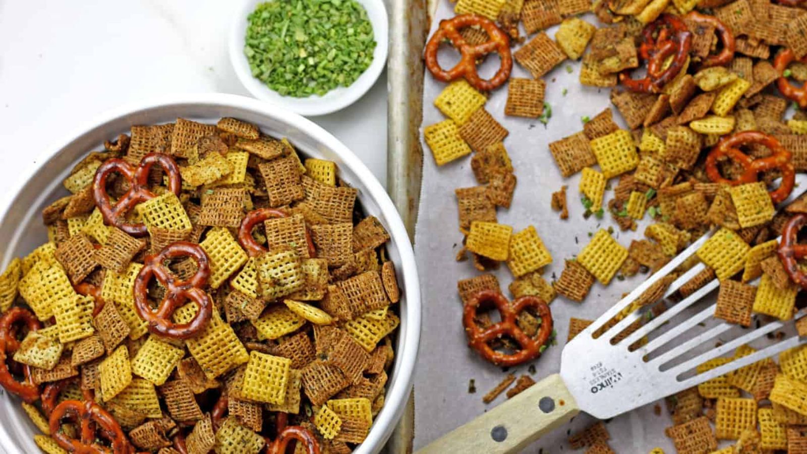 Ranch chex mix in a bowl.