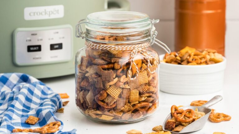 Chex mix in a glass jar.