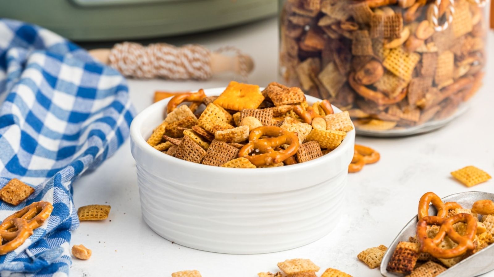 Chex mix in a bowl.