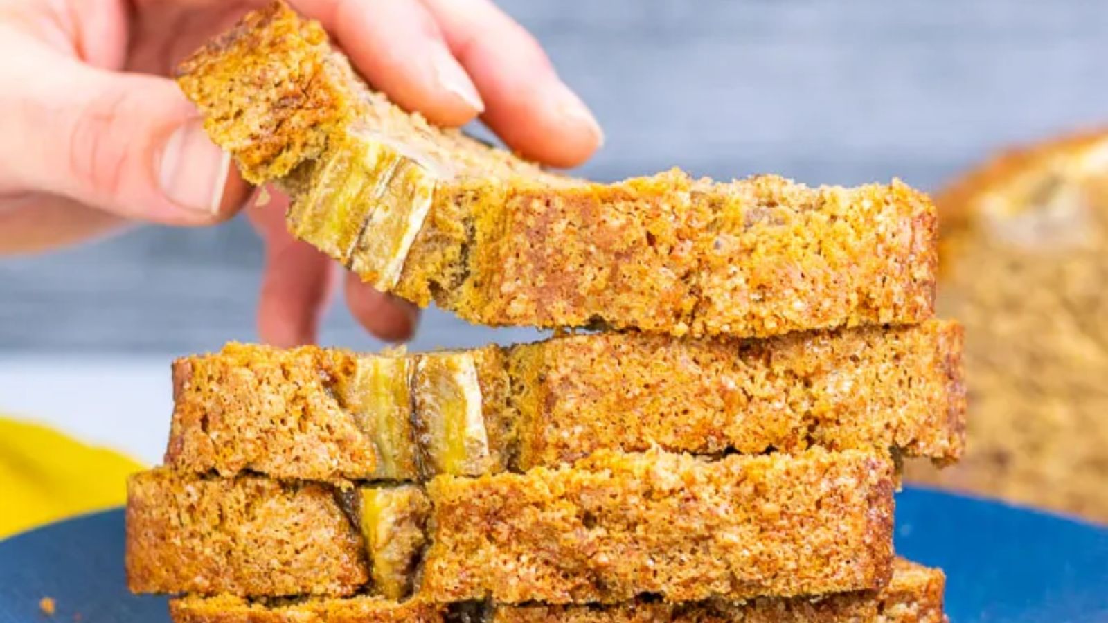 Stack of banana bread slices.