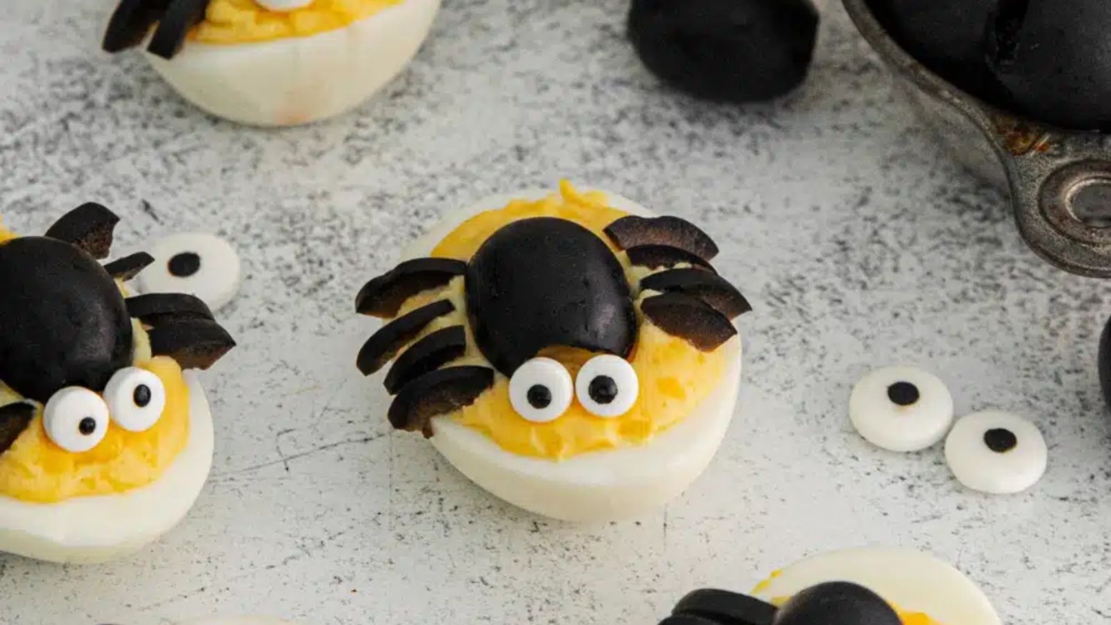 Spider deviled eggs close up.
