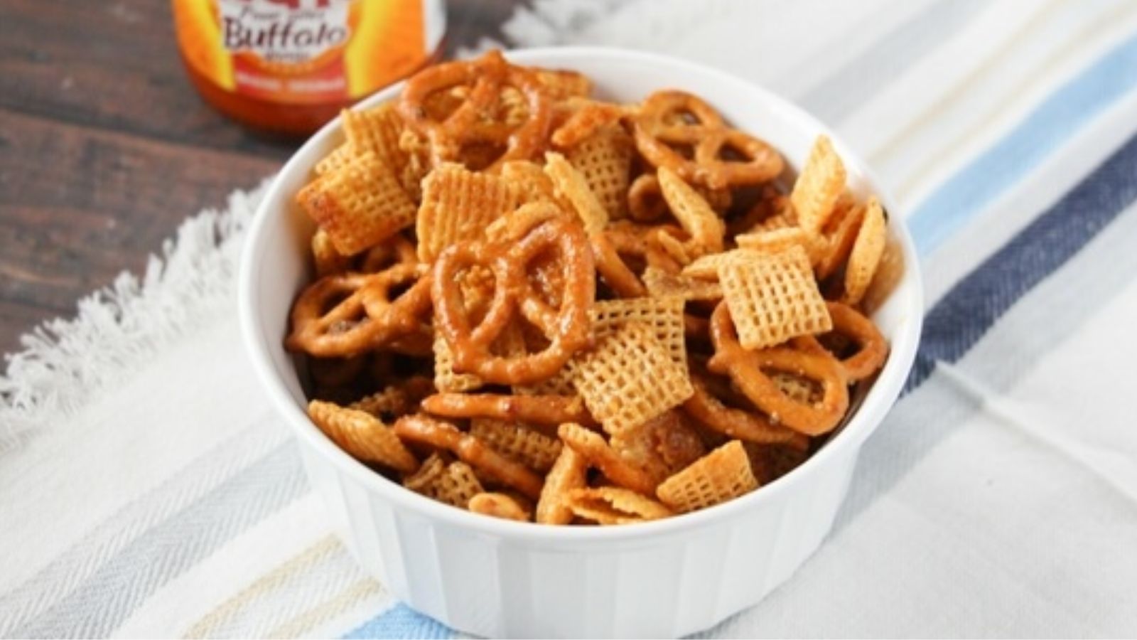 Buffalo chex mix in a bowl.