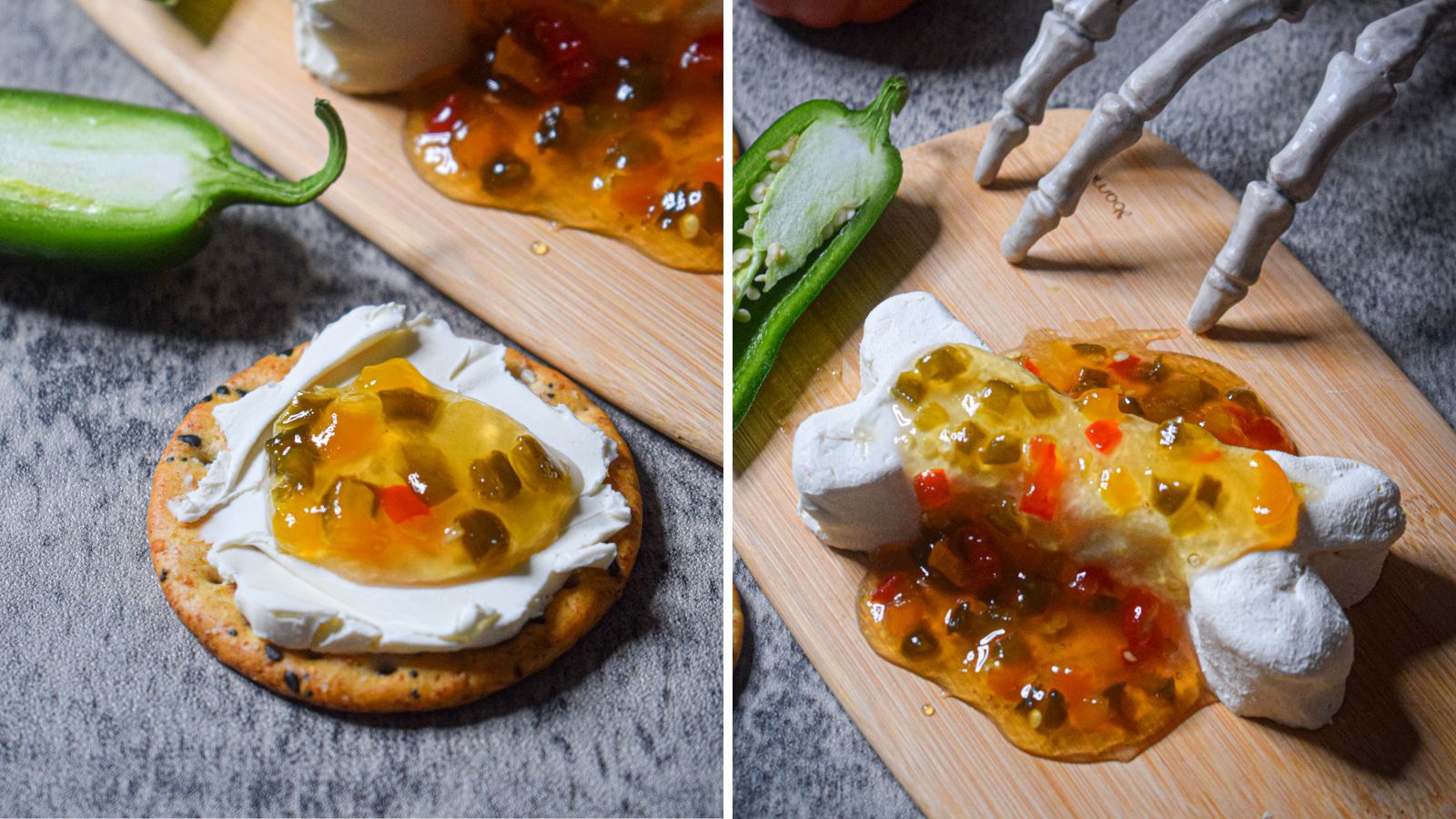 Skeleton bone appetizer with toppings.