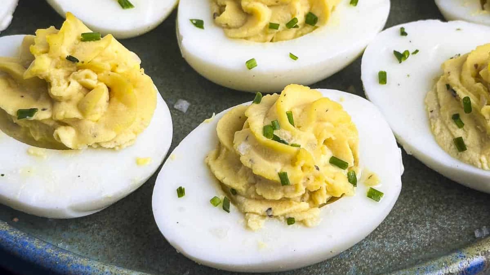 Deviled eggs close up.