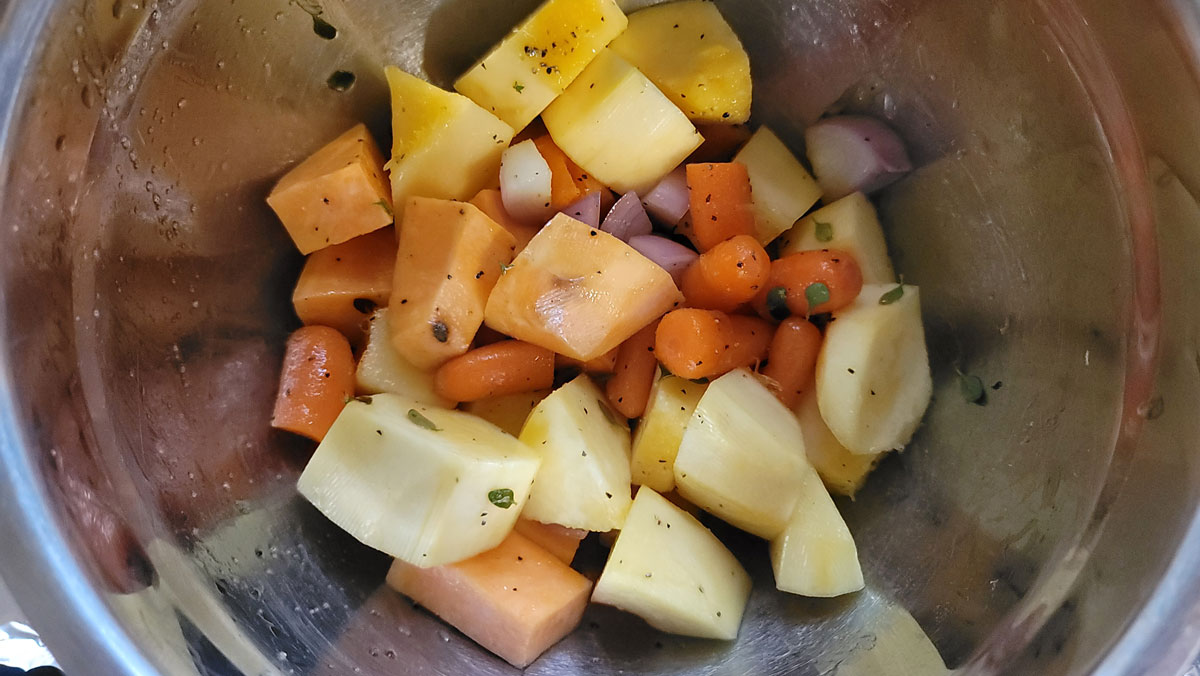 Vegetables mixed up in bowl.