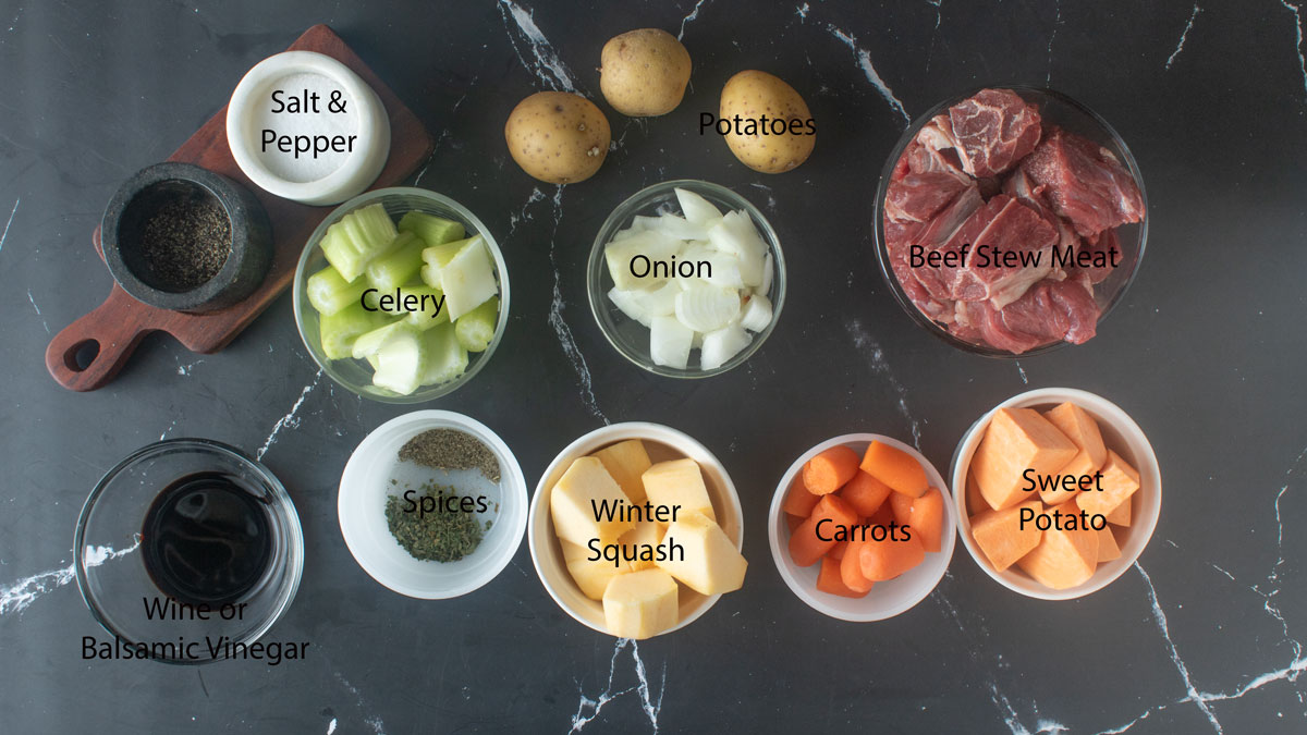 Ingredients for beef stew with root vegetables. See the details in recipe below.