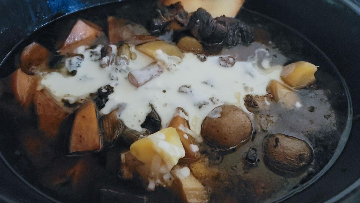 Roux added to the crockpot.