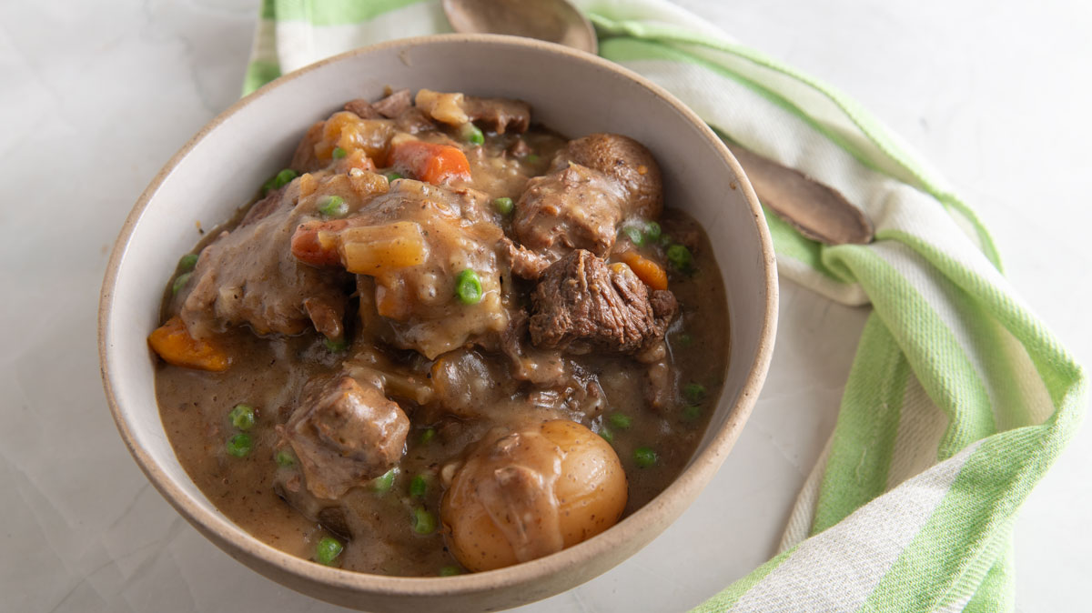 Large bowl of beef stew.