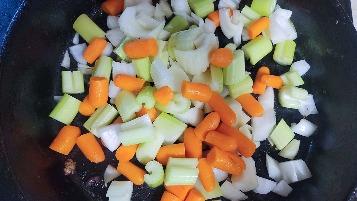 Mirepoix in the skillet.