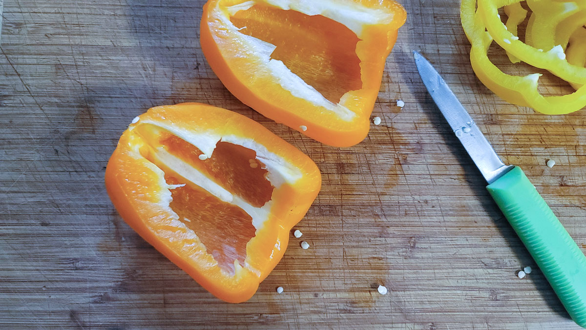 Seeds removed with a paring knife.