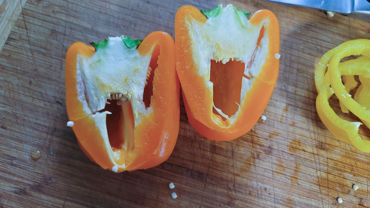 Pepper cut in half with seeds still inside.