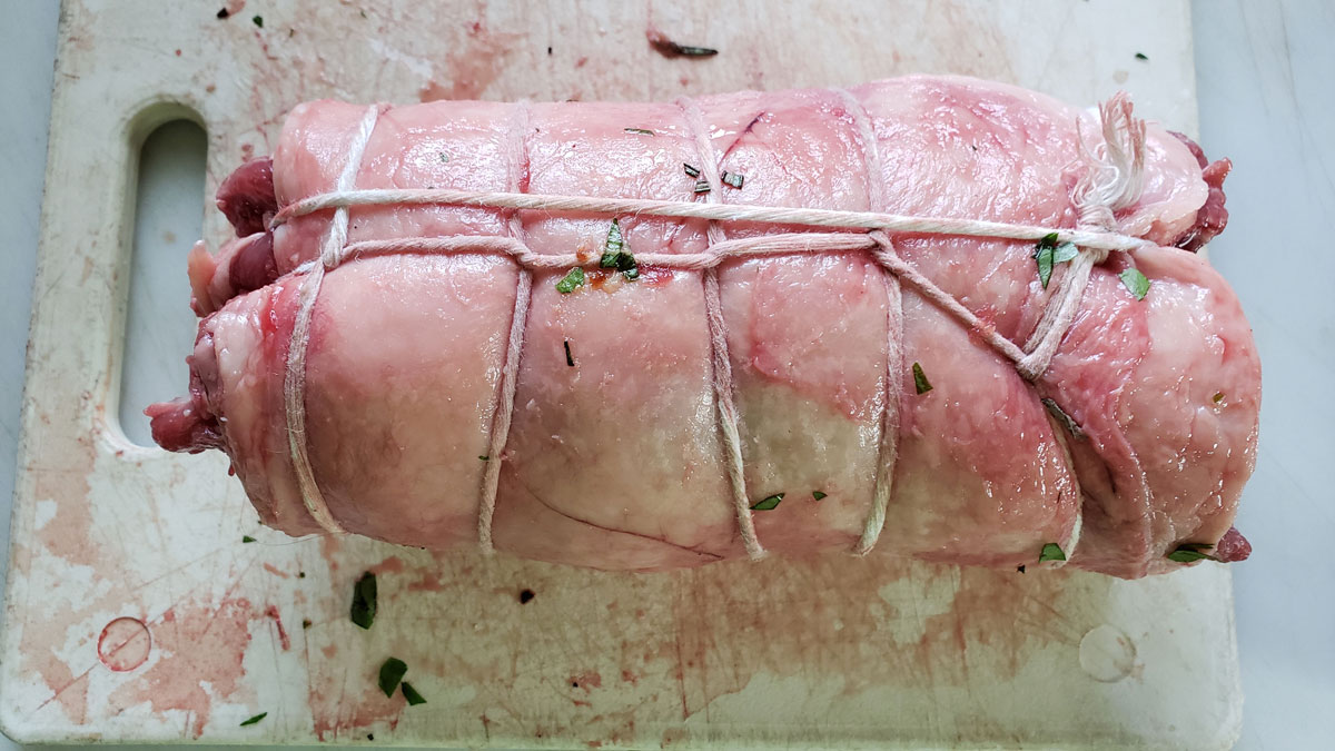 Roast rolled and trussed up.