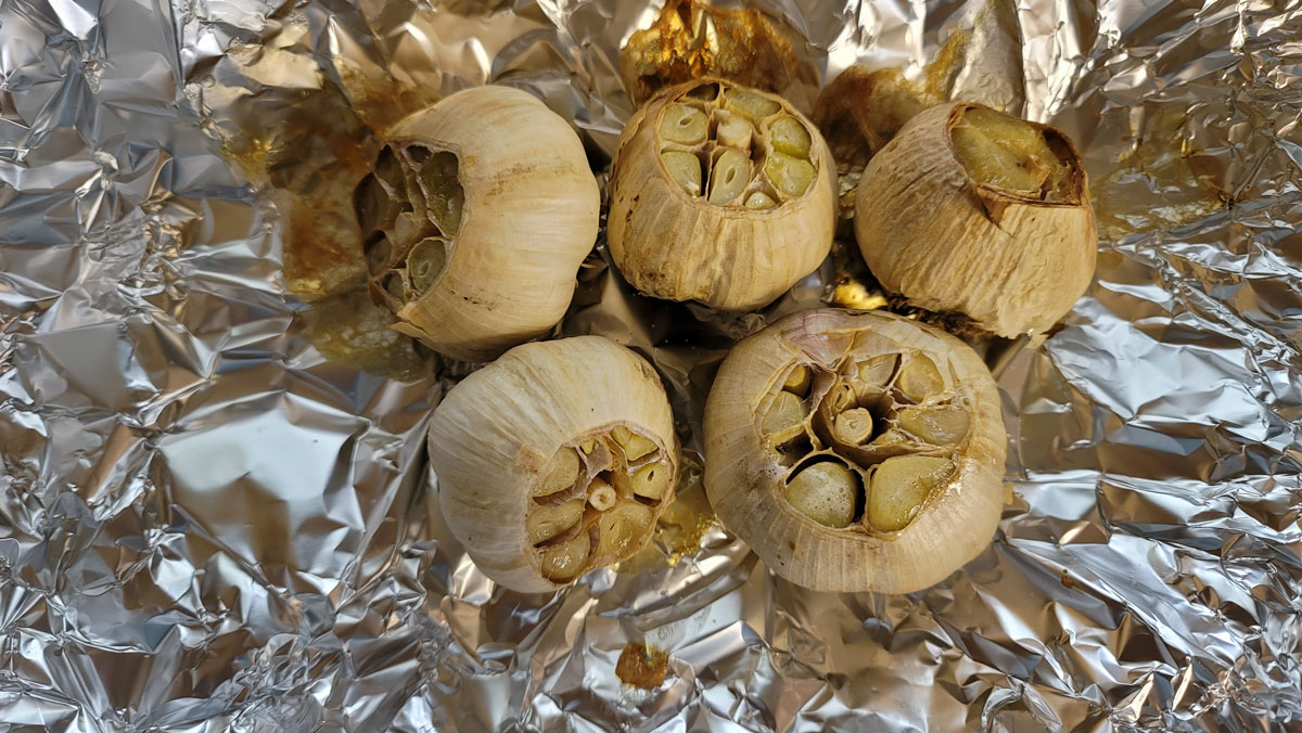 Roasted heads of garlic.