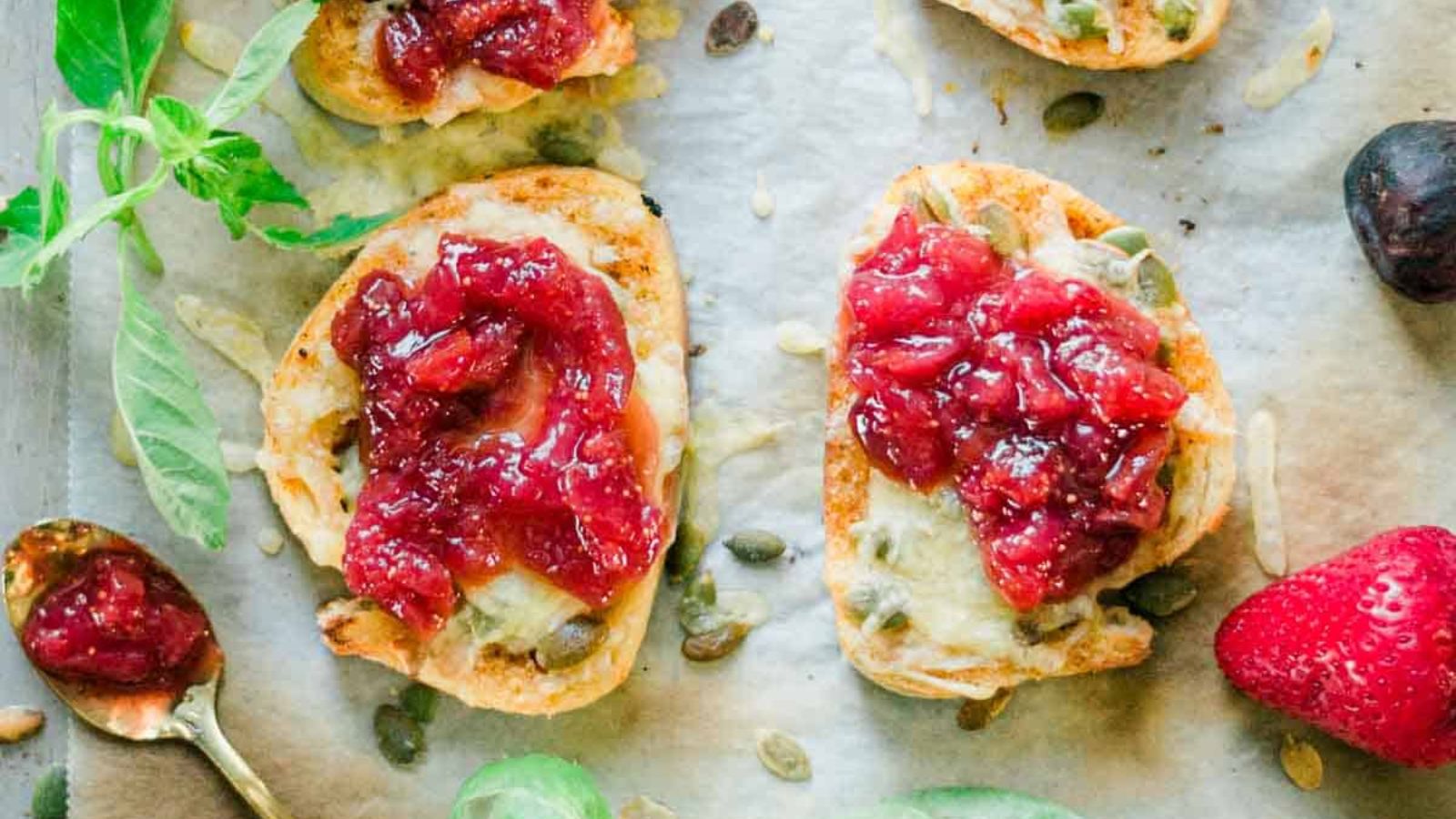 Crostini with cheese and strawberry fig.