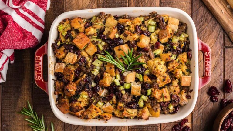 Sausage and cranberry stuffing on a tray.