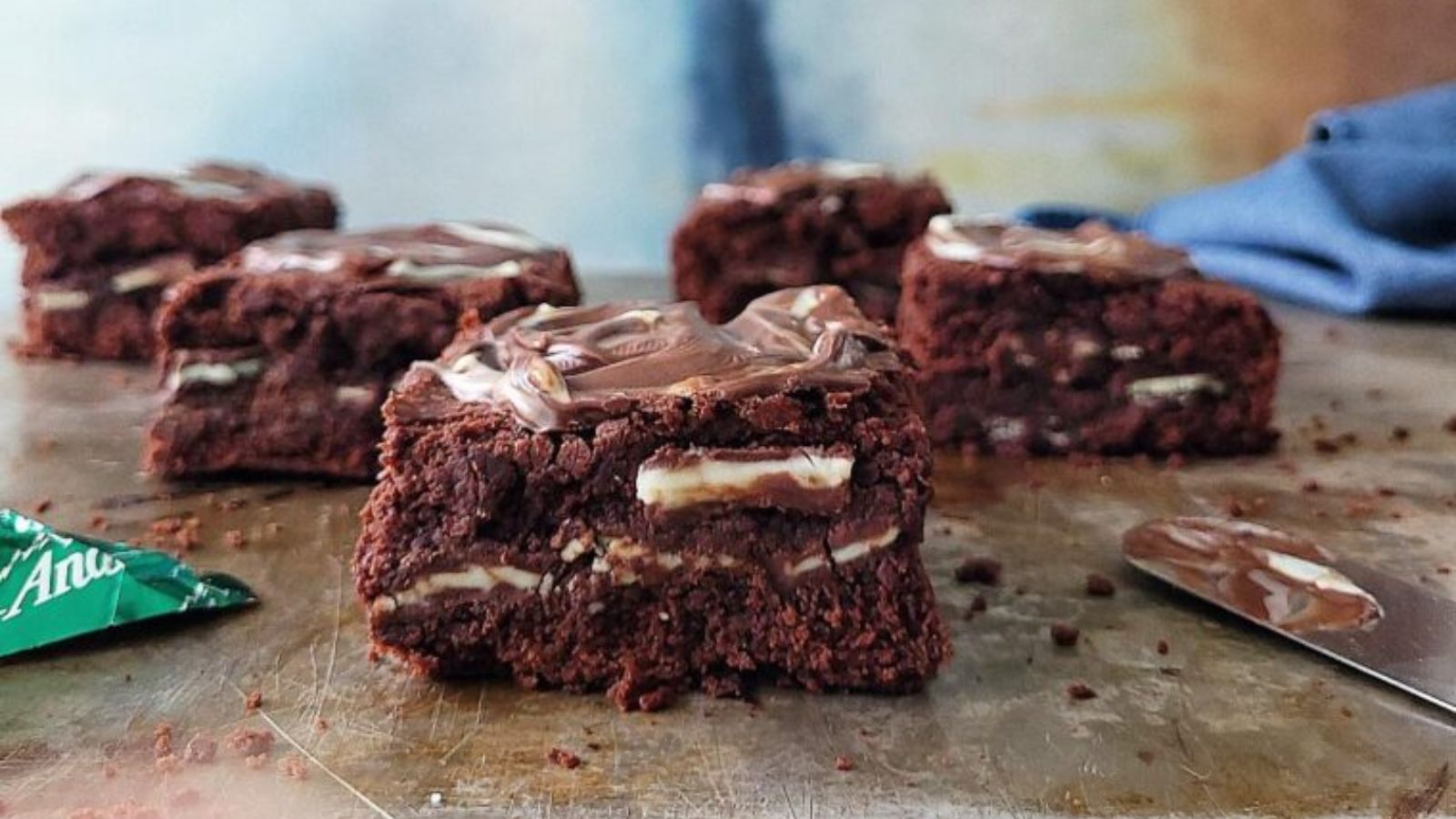 Mint brownies close up.