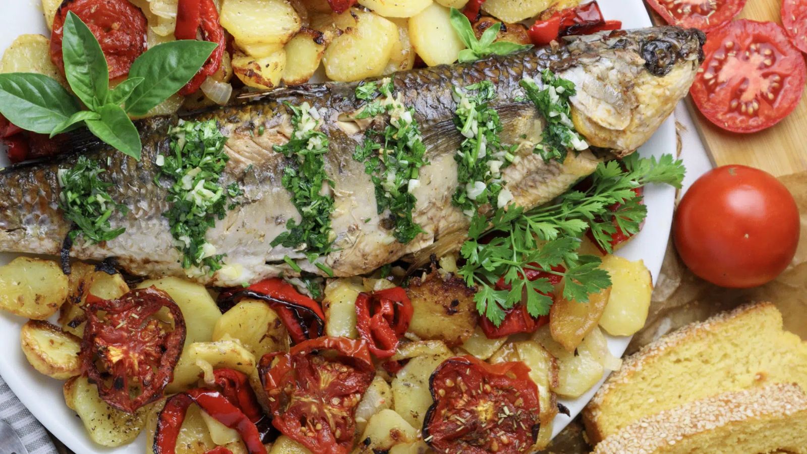 Grey mullet with vegetables.