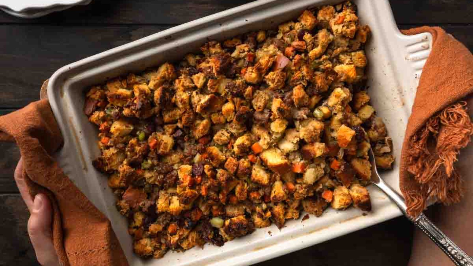 Sausage stuffing on a tray.