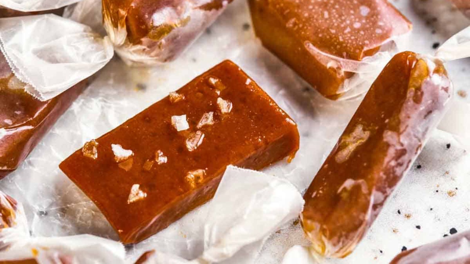 Caramel candies with wrapper.