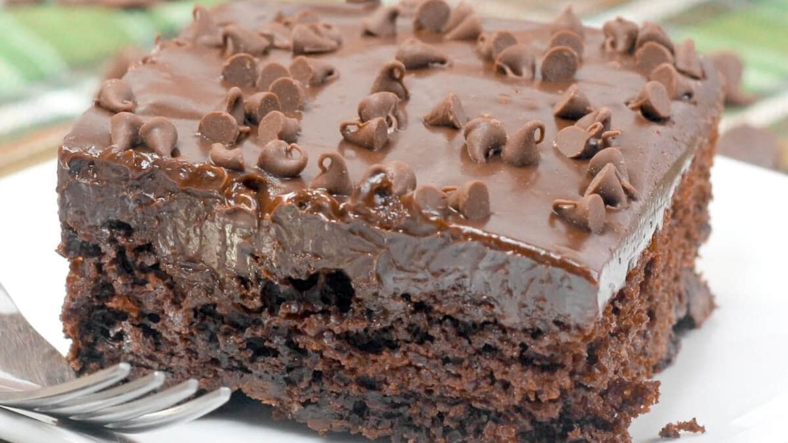 Chocolate sheet cake on a plate.