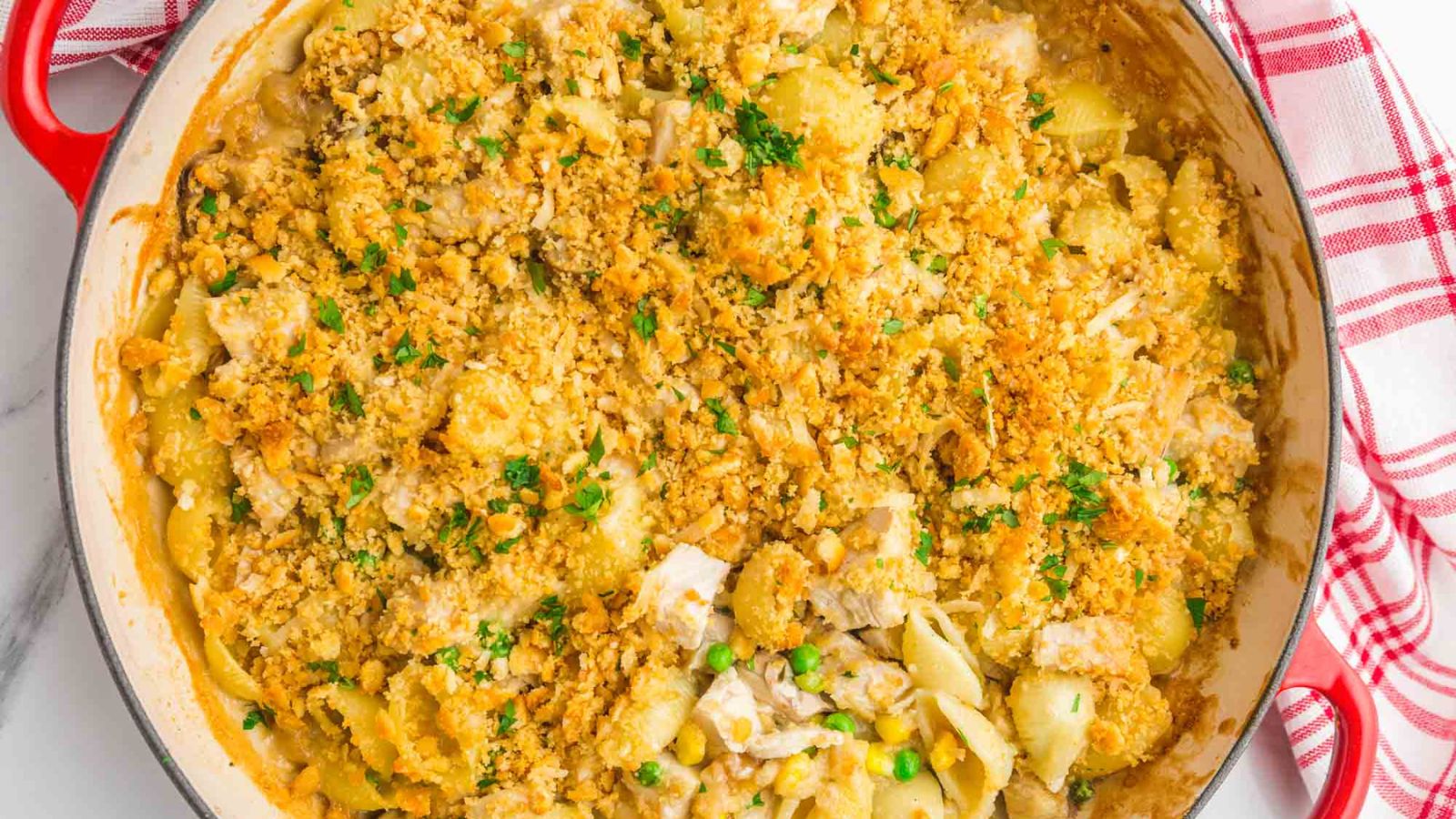 Turkey casserole in a pan.