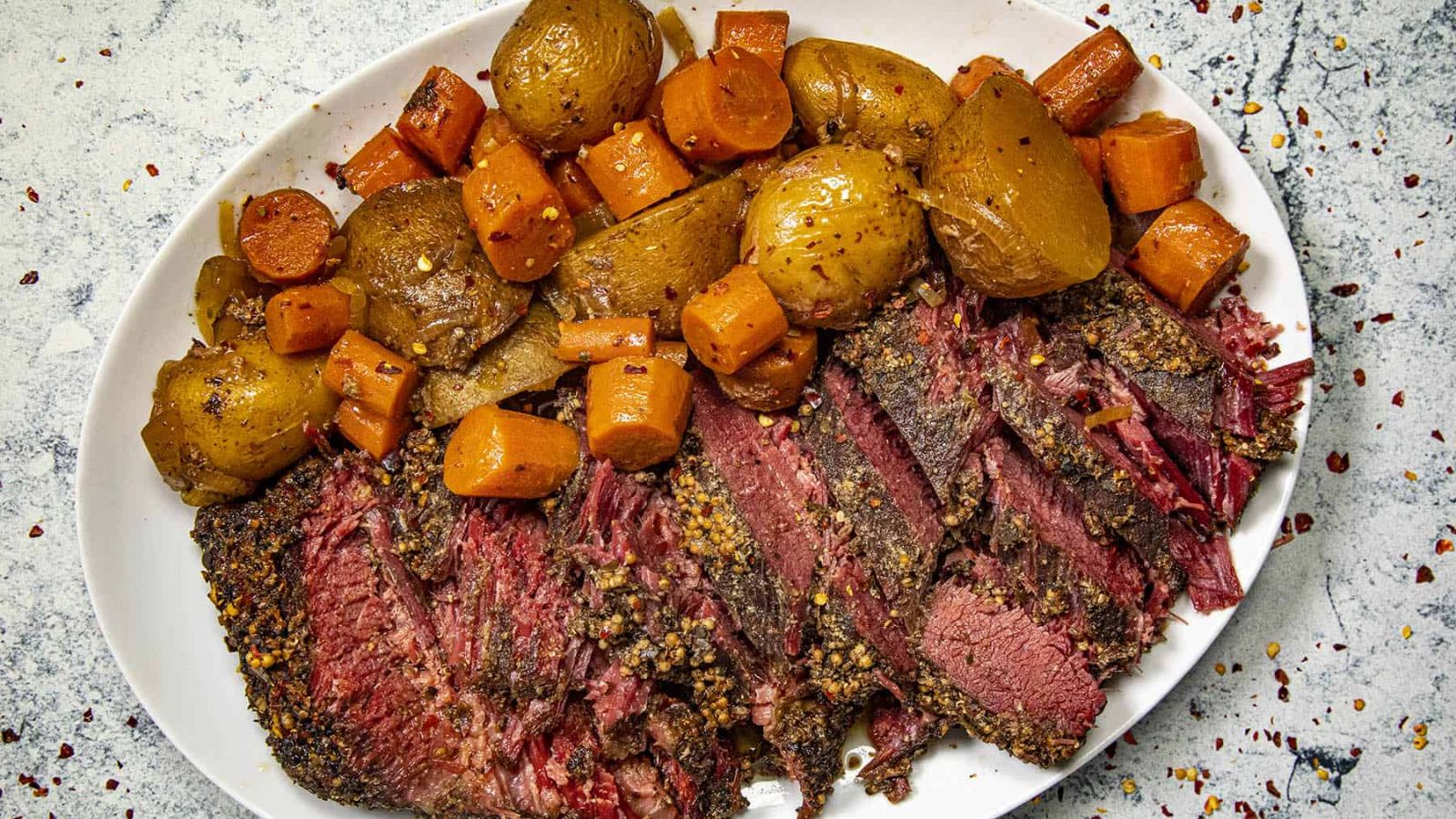 Corned beef with potatoes and carrots.