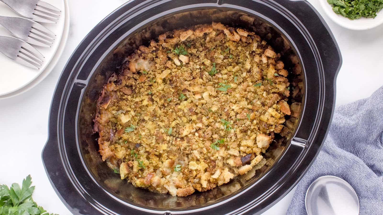 Chicken stuffing in a crockpot.