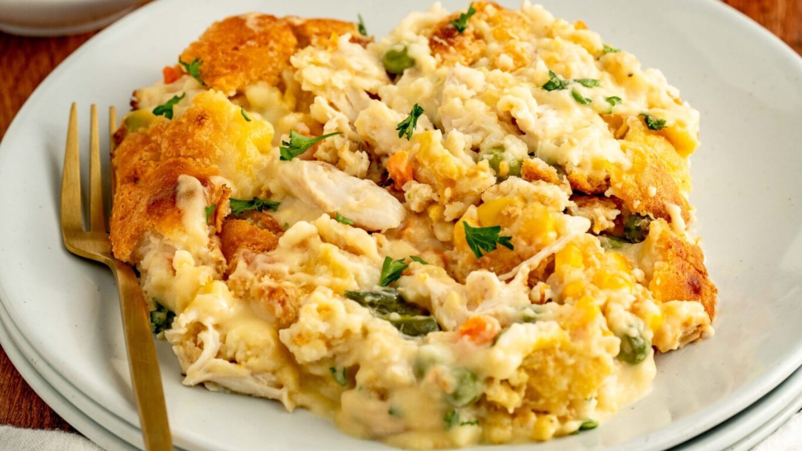 Chicken cobbler on a plate.