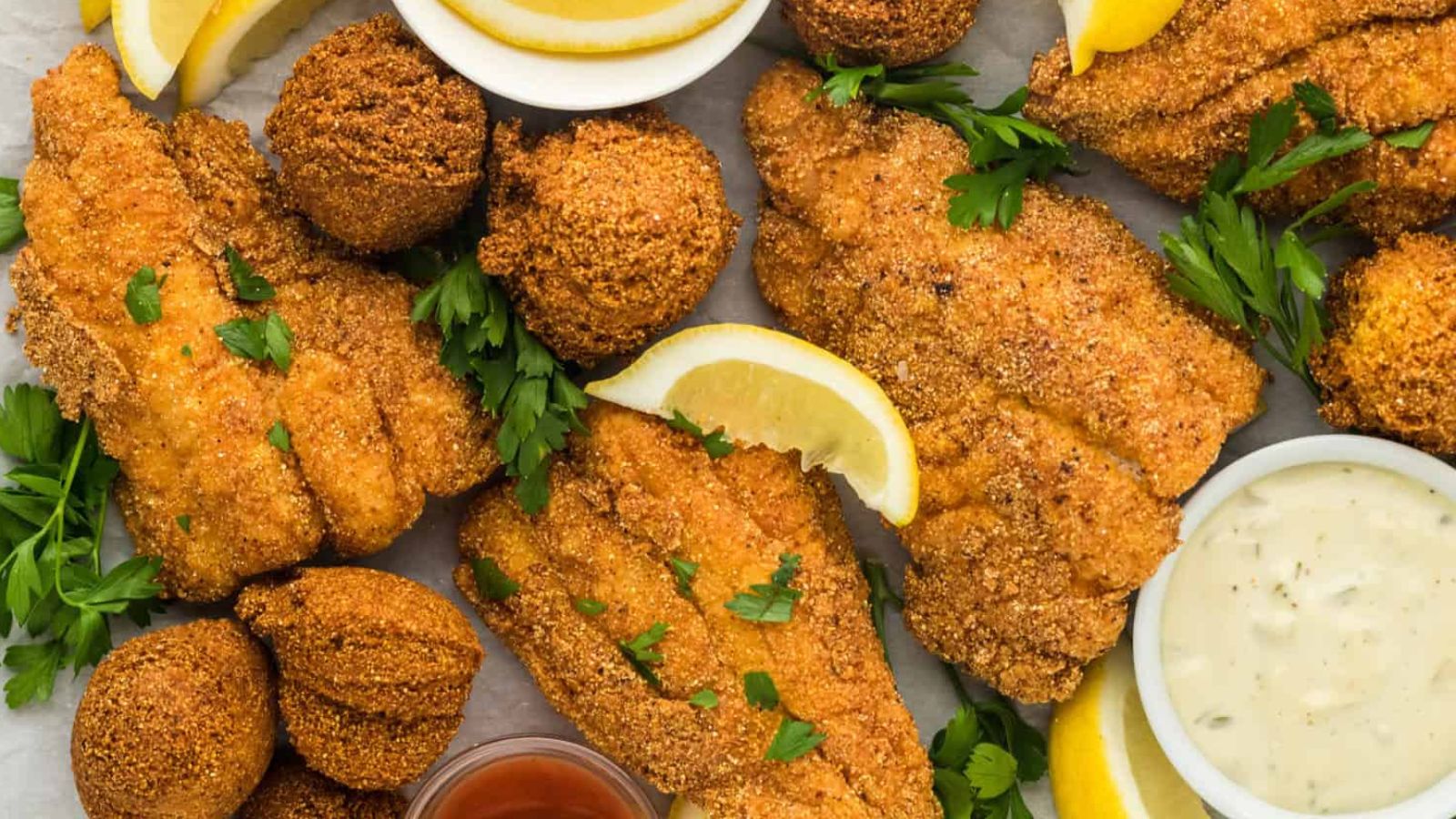 Fried catfish with sliced lemons and dip.