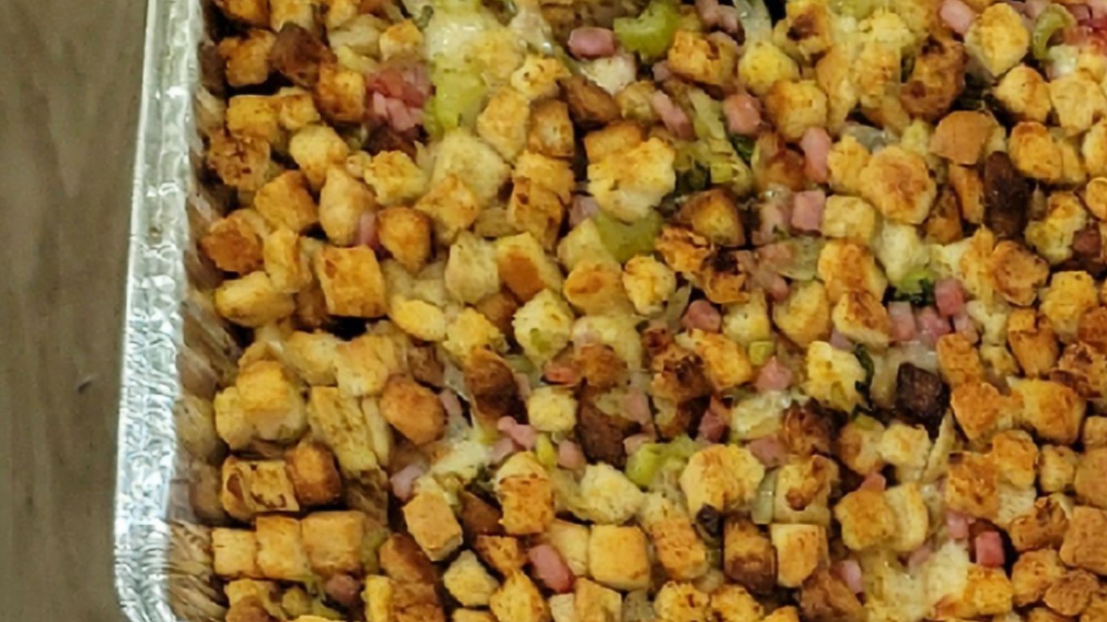 Ham and gruyere stuffing close up.