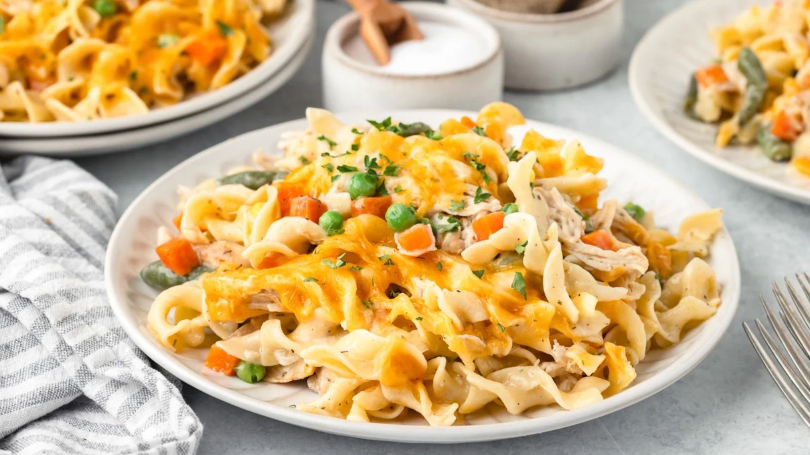 Chicken noodle casserole on a plate.