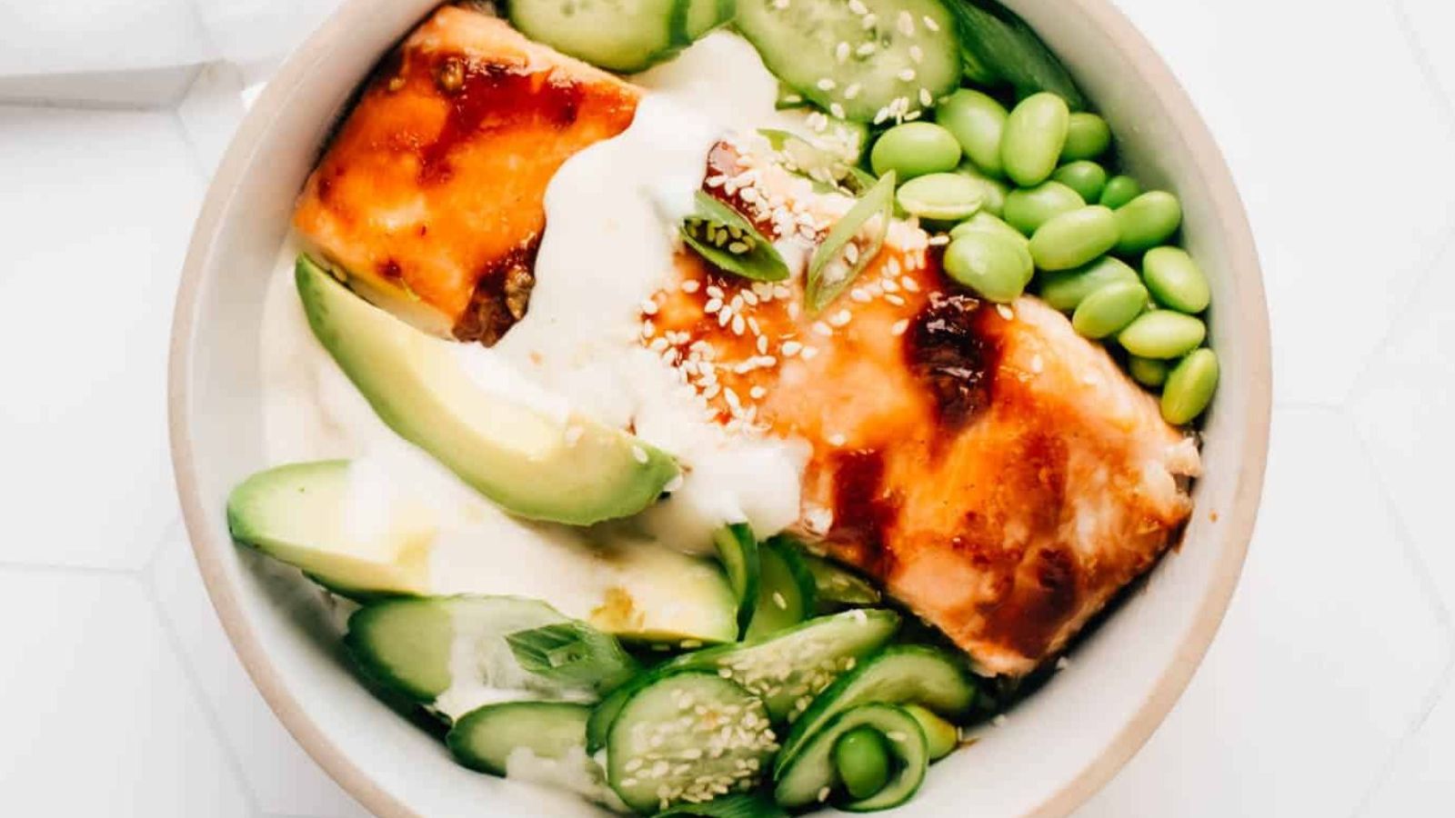 Salmon with teriyaki in a bowl.
