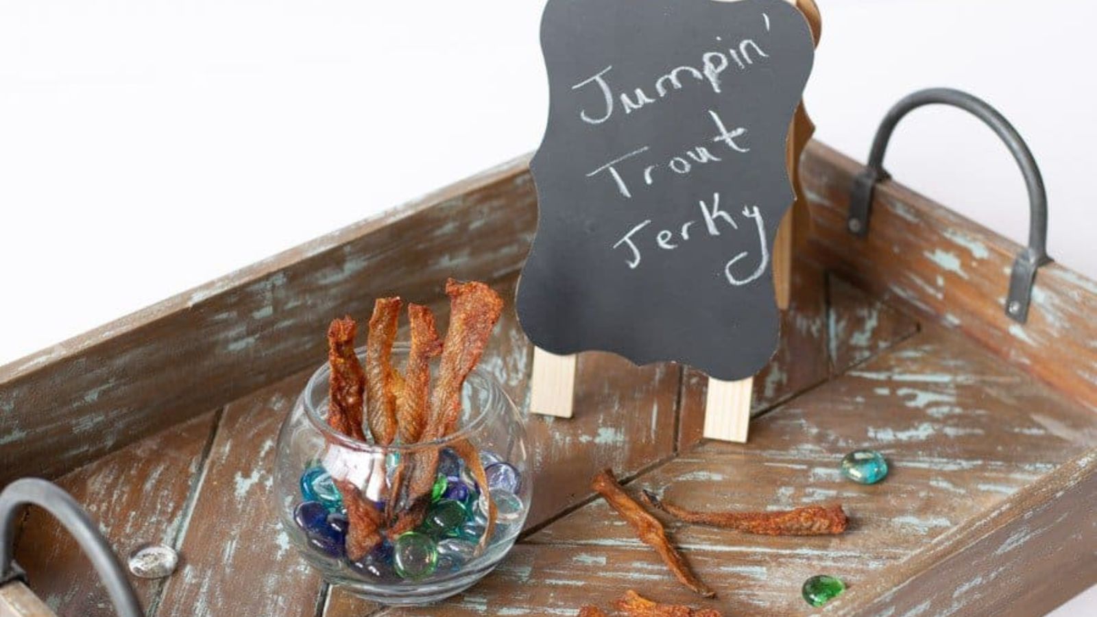 Trout jerky in a glass.