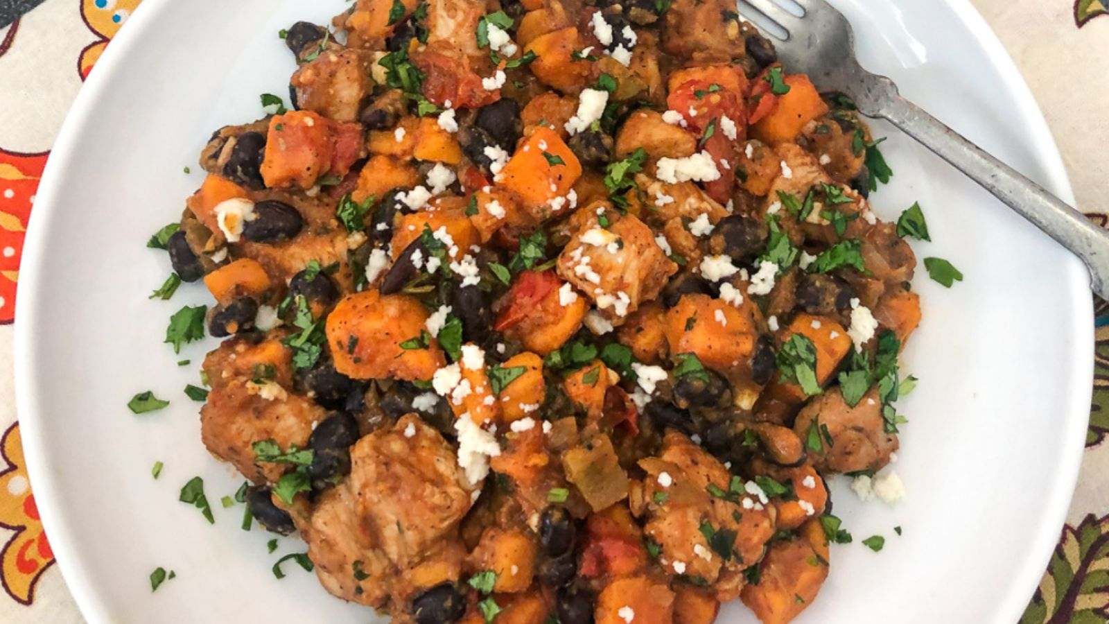 Chicken sweet potato skillet on a plate.