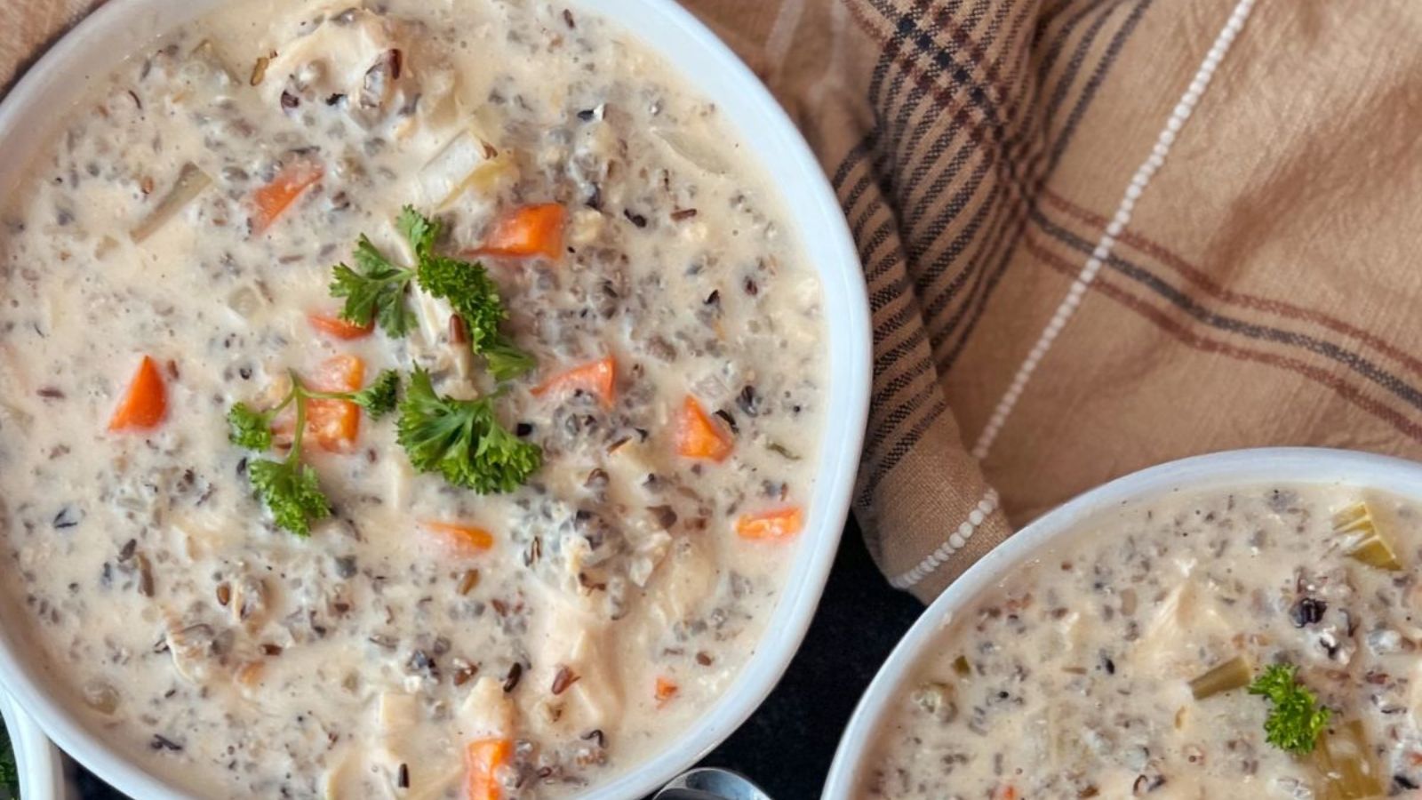 Chicken wild rice soup in a bowl.