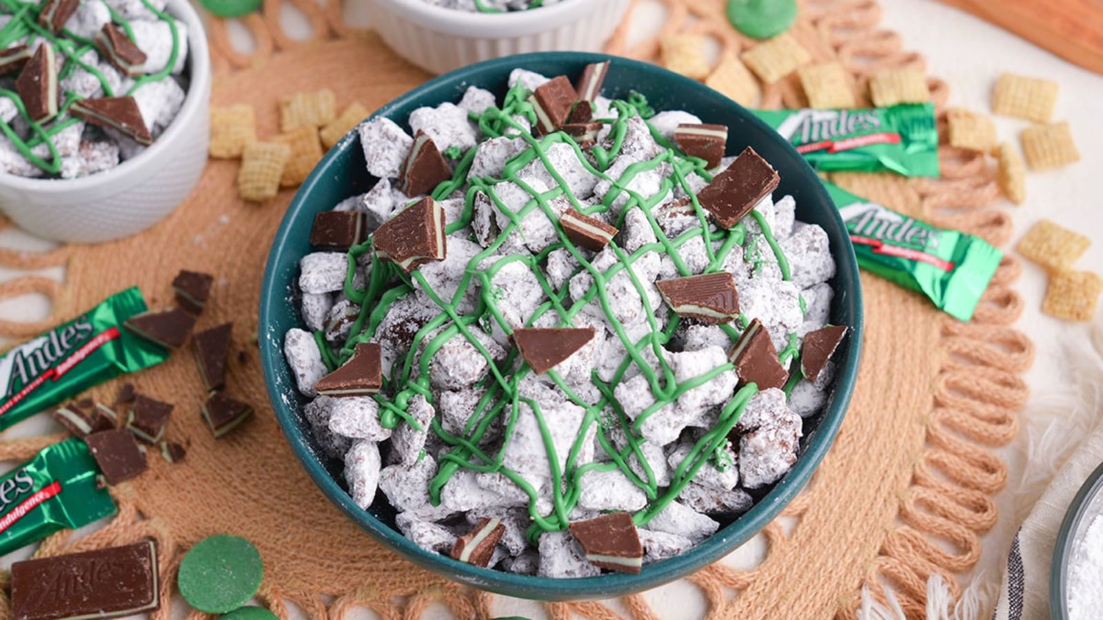 Muddy buddies with mint and chocolate.