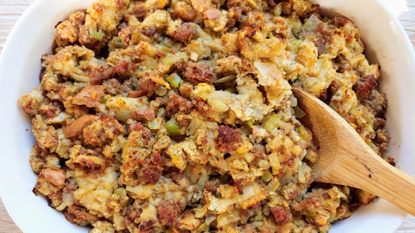 Sausage stuffing on a tray.