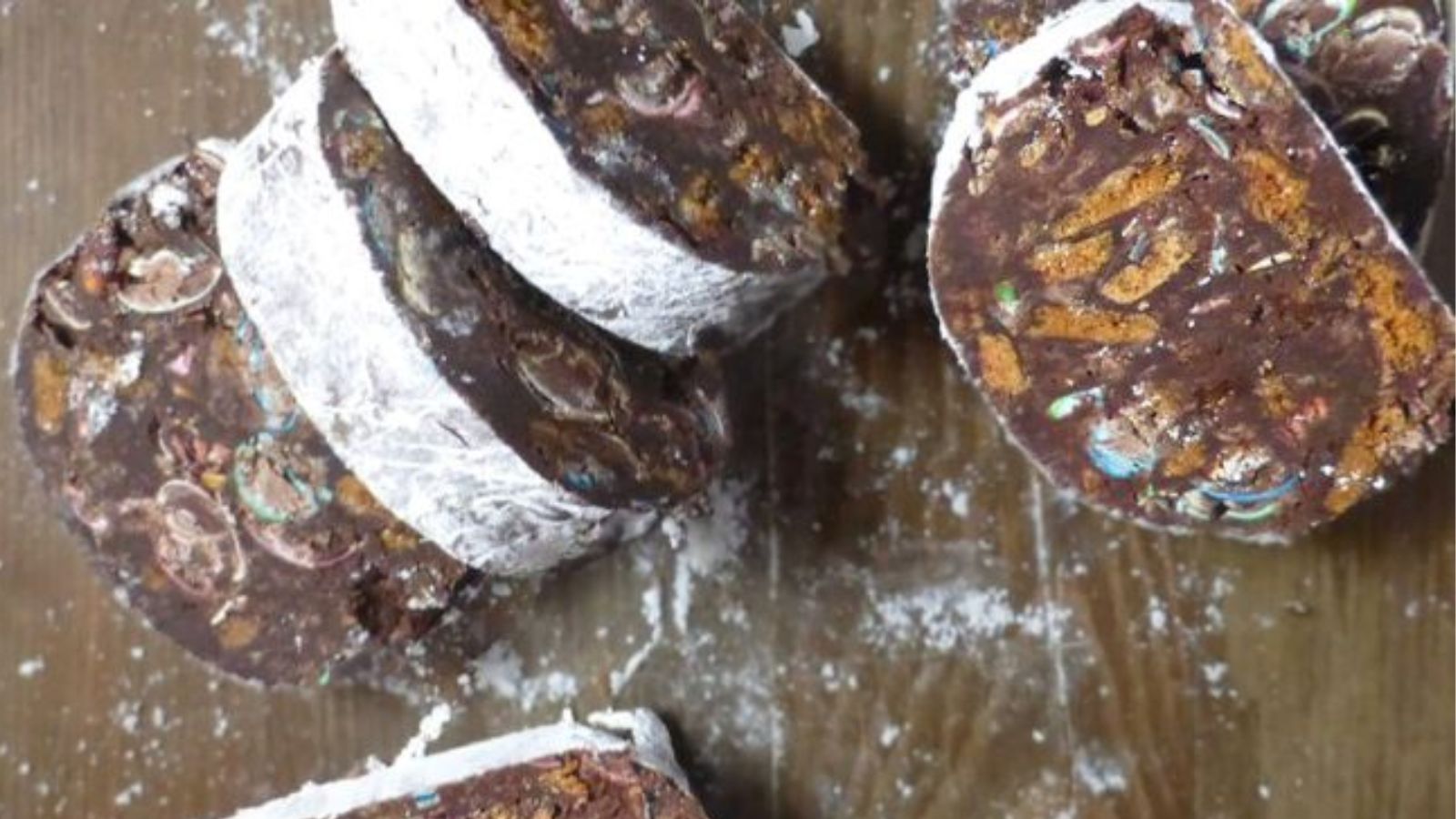 Chocolate salami with powder.