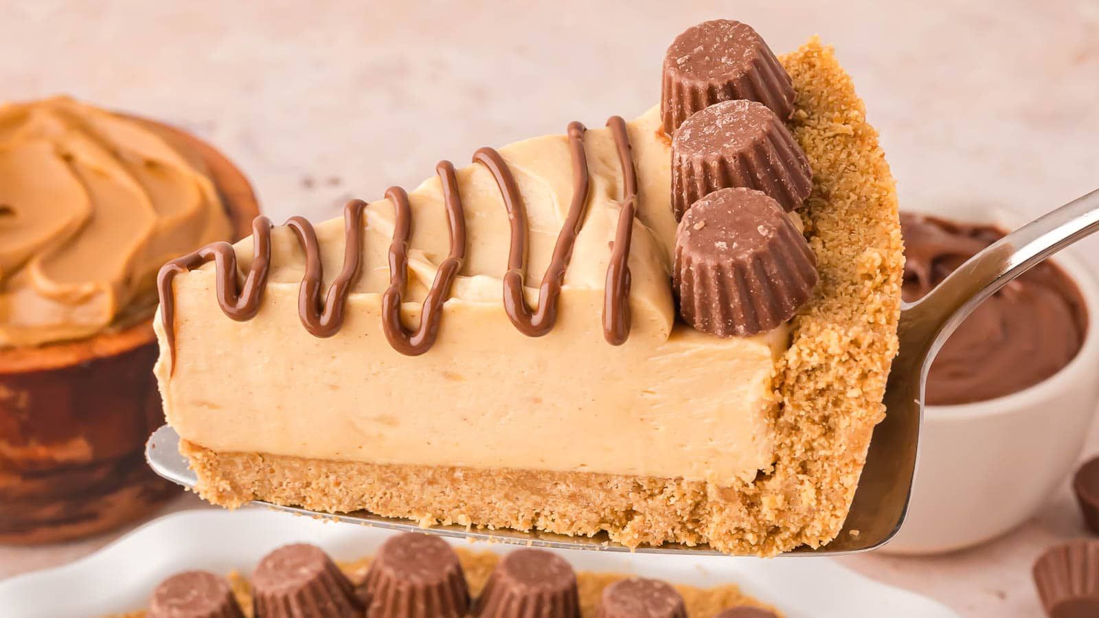 A slice of peanut butter pie with chocolate.