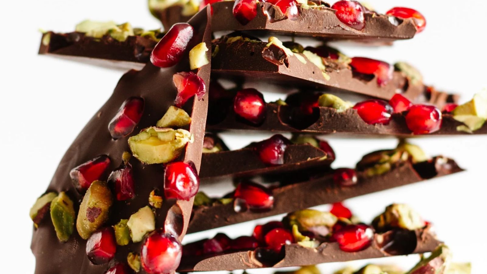 Dark chocolate bark with pistachios and pomegranate.