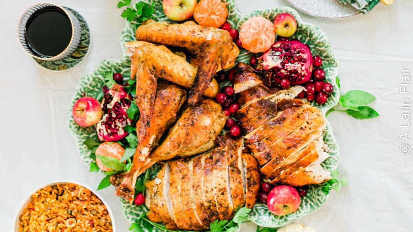 Turkey with apples and oranges.