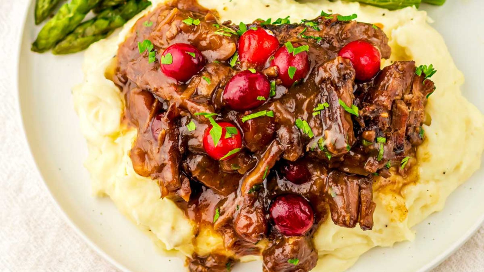 Cranberry beef with mashed potatoes.