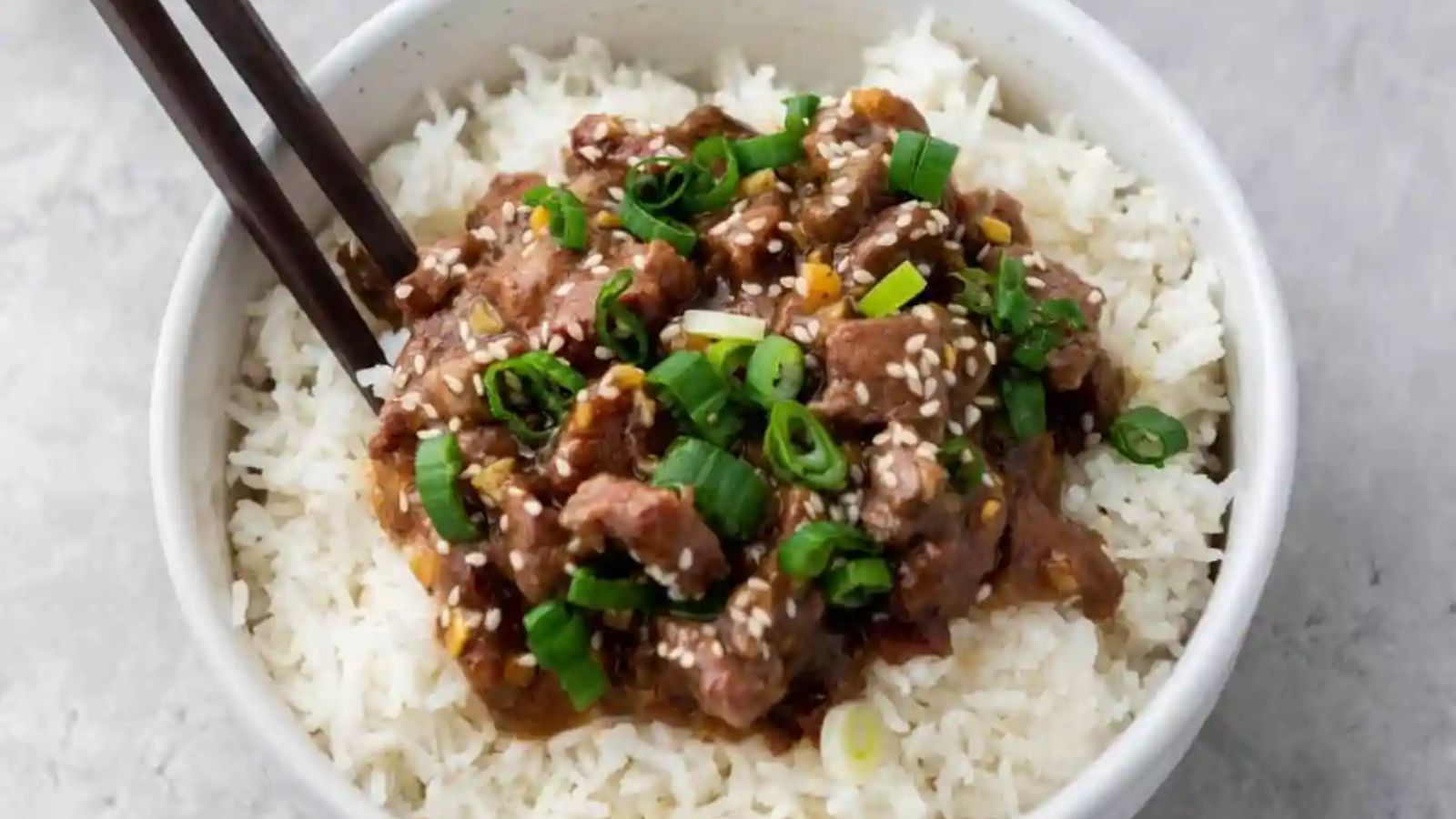 Mongolian beef in a bowl.