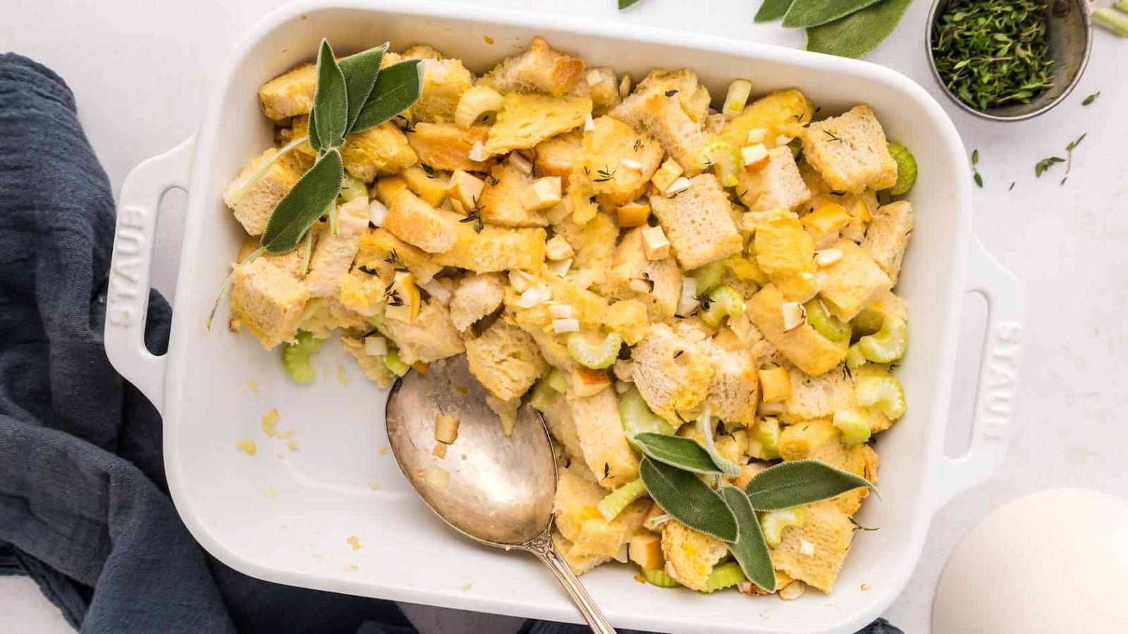 Sourdough stuffing on a tray.