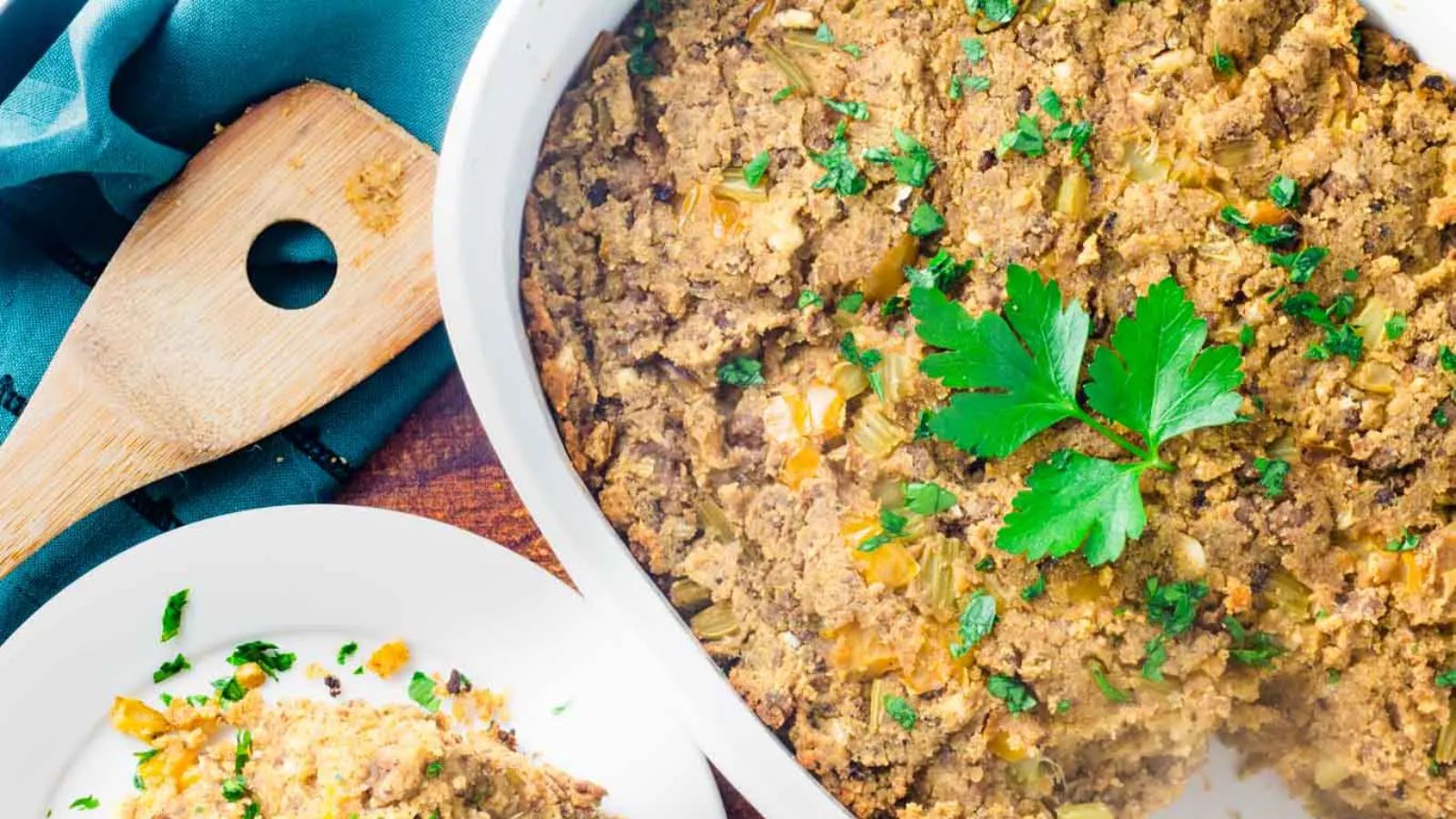 Cornbread dressing on a tray.