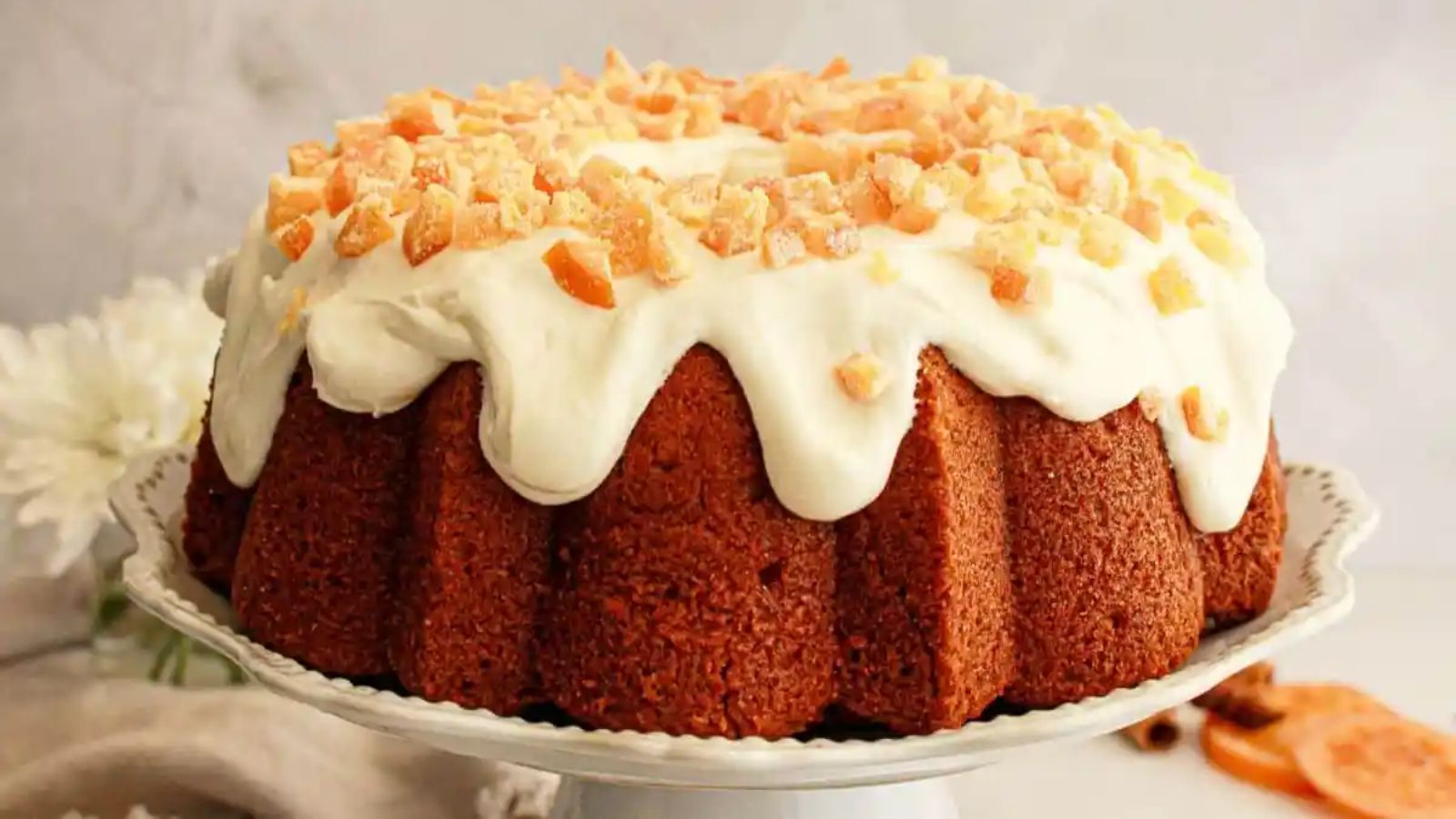 Bundt cake with cream on top.