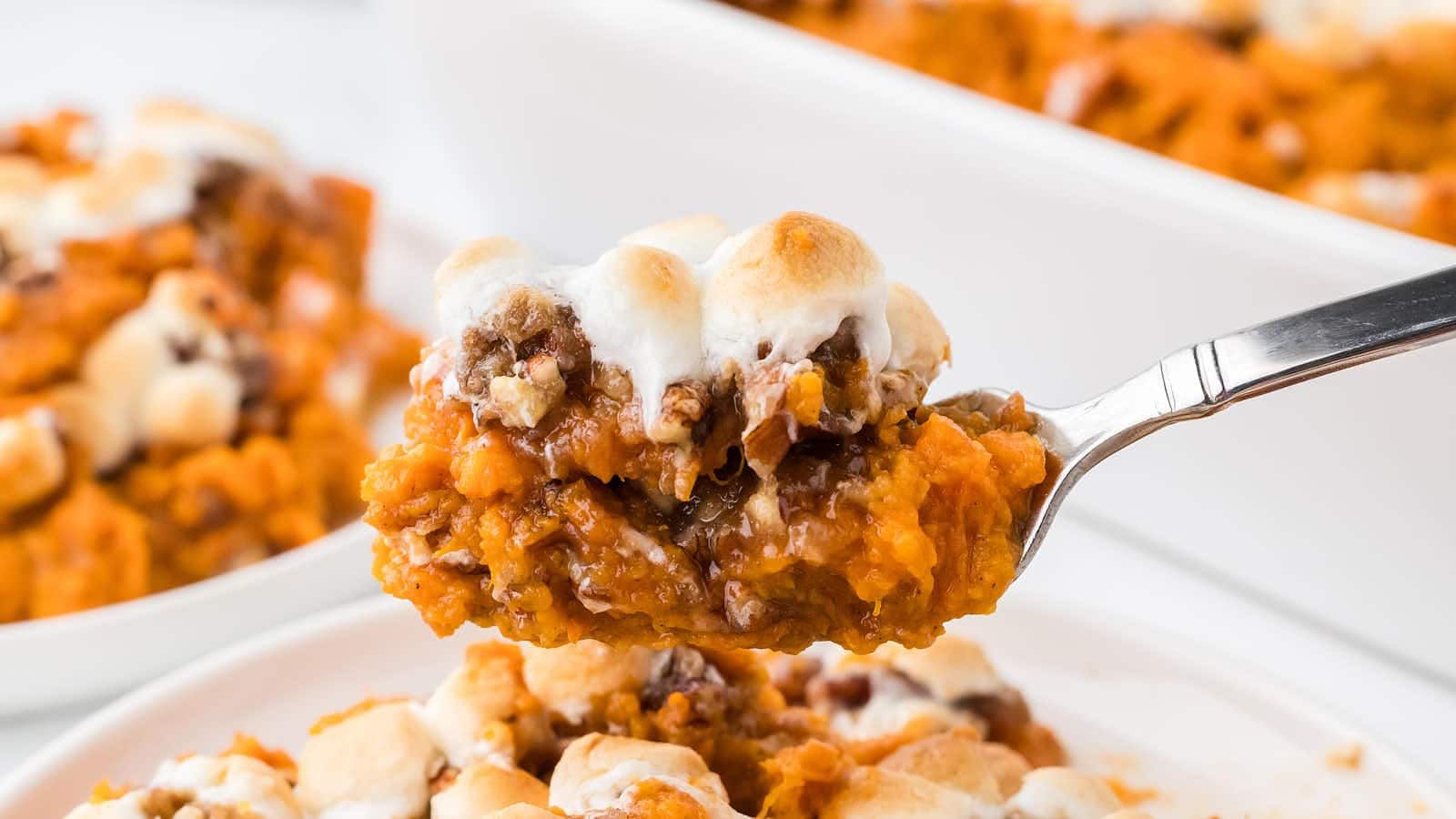 A portion of sweet potato casserole.