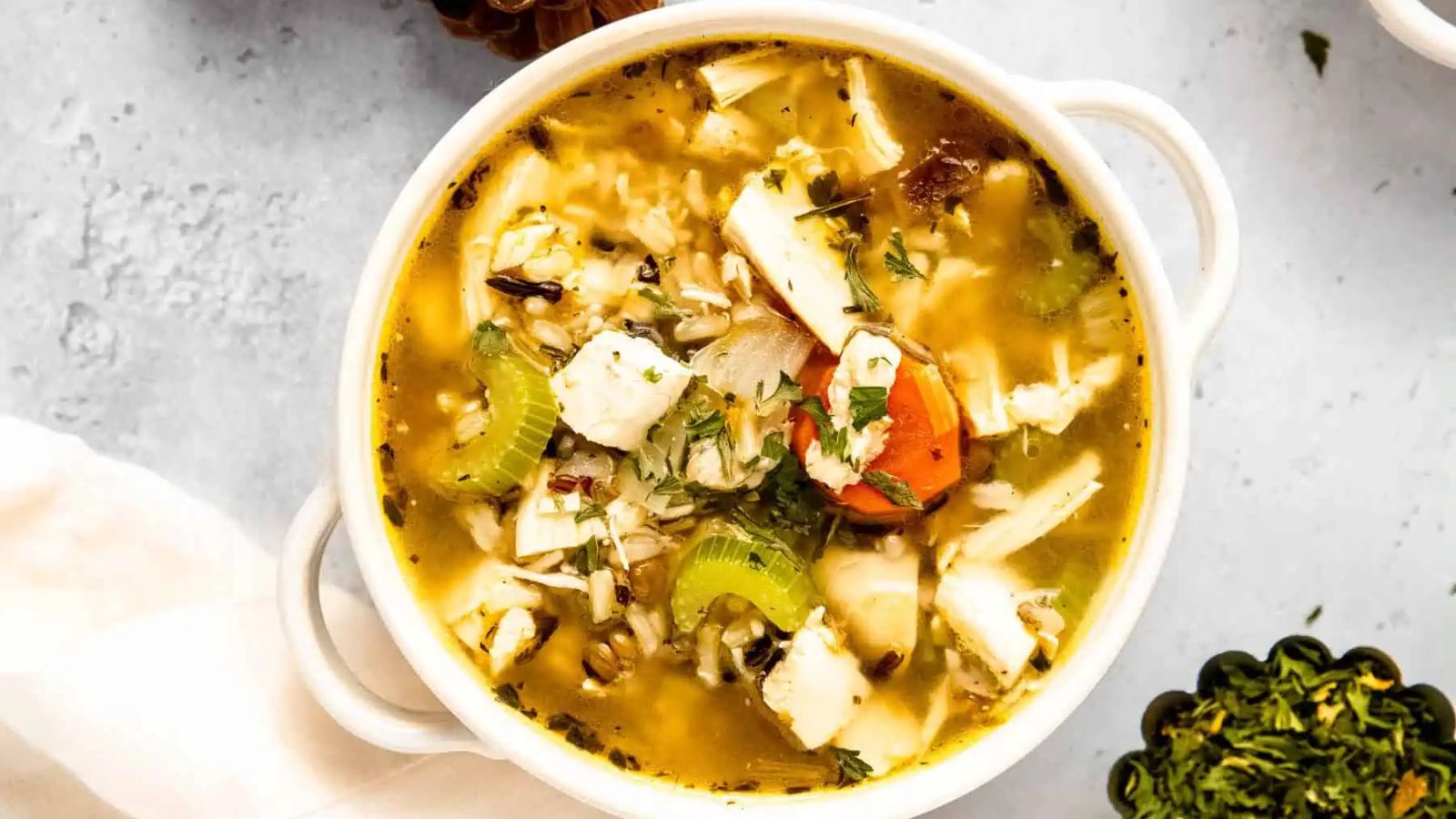 Turkey rice soup in a bowl.