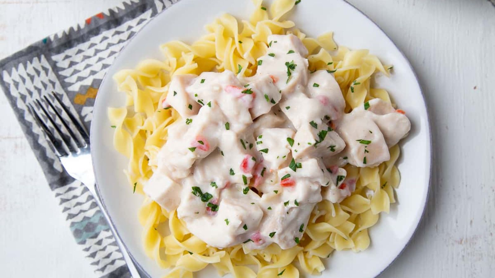 Turkey ala king on a plate.