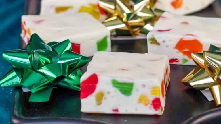 Christmas nougat candy with package bows.